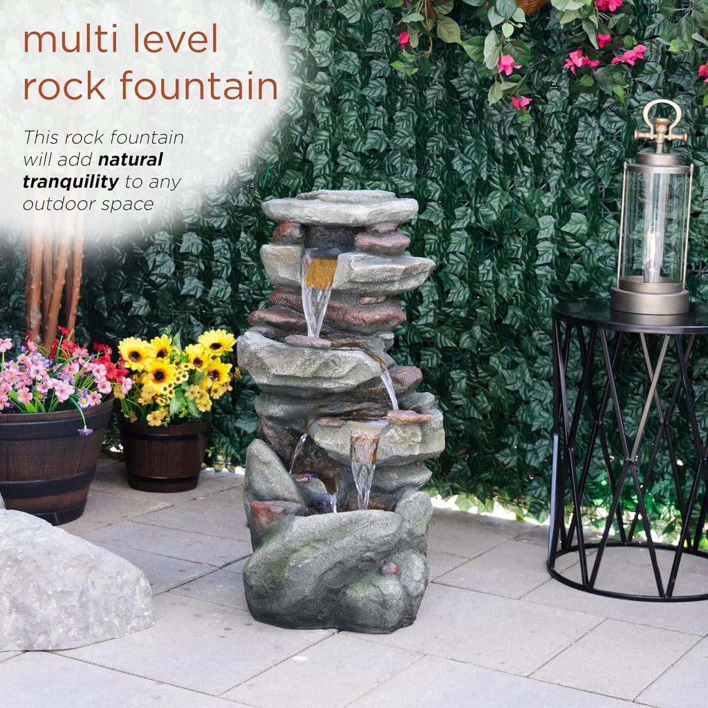 Alpine Corporation 31' Tall Outdoor 4-Tier Rock Floor Fountain, Cascading Waterfall with Cool White LED Lights, Gray