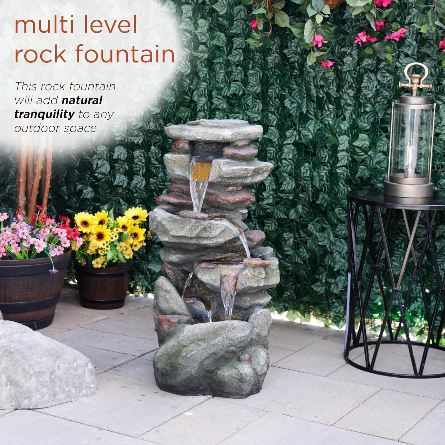 Alpine Corporation 31' Tall Outdoor 4-Tier Rock Floor Fountain, Cascading Waterfall with Cool White LED Lights, Gray