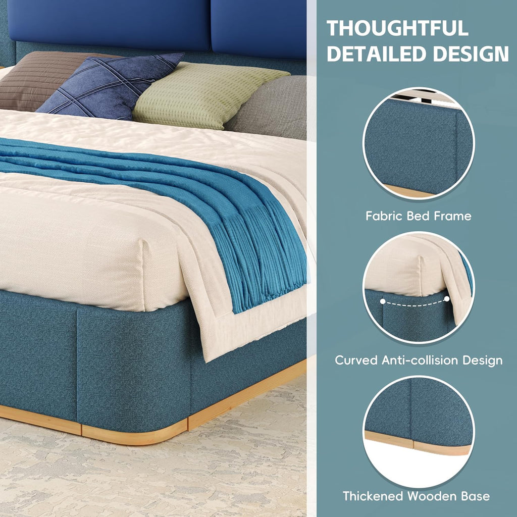 Merax Queen Size Bed Frame, Linen Upholstered Platform Bed with Large PU Leather Headboard and Shelf, Modern Bedroom Furniture & Solid Wood Slats Support, No Box Spring Needed, Easy Assembly, Blue
