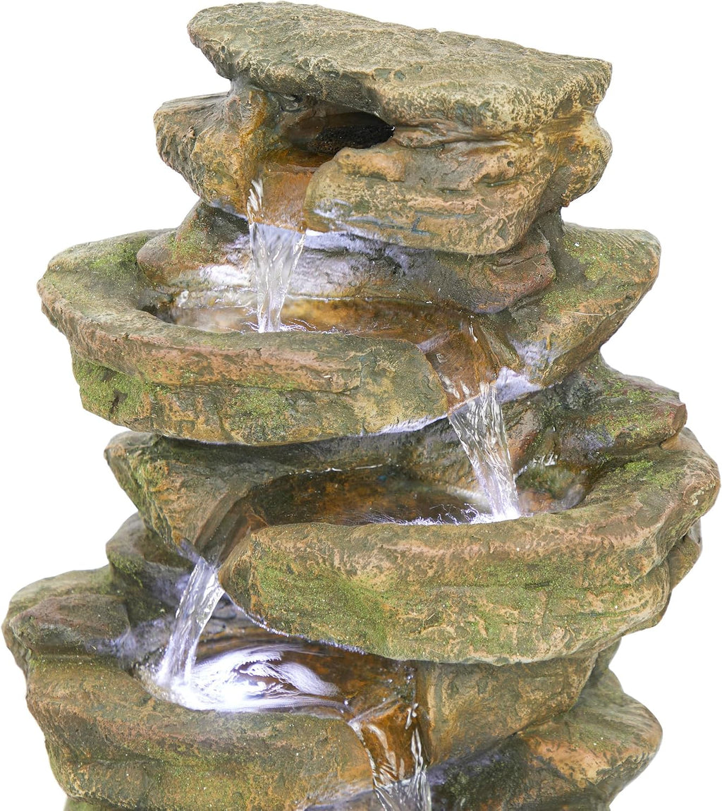 Alpine Corporation 20' H Outdoor Multi-Level Rock Floor Fountain with LED Lights, Brown