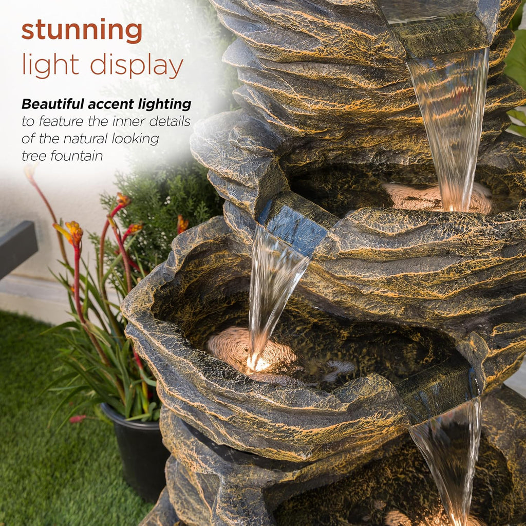 Alpine Corporation 39' Tall Outdoor 5 Tiered Natural Look Rock Water Floor Fountain with Replaceable Lights, Brown