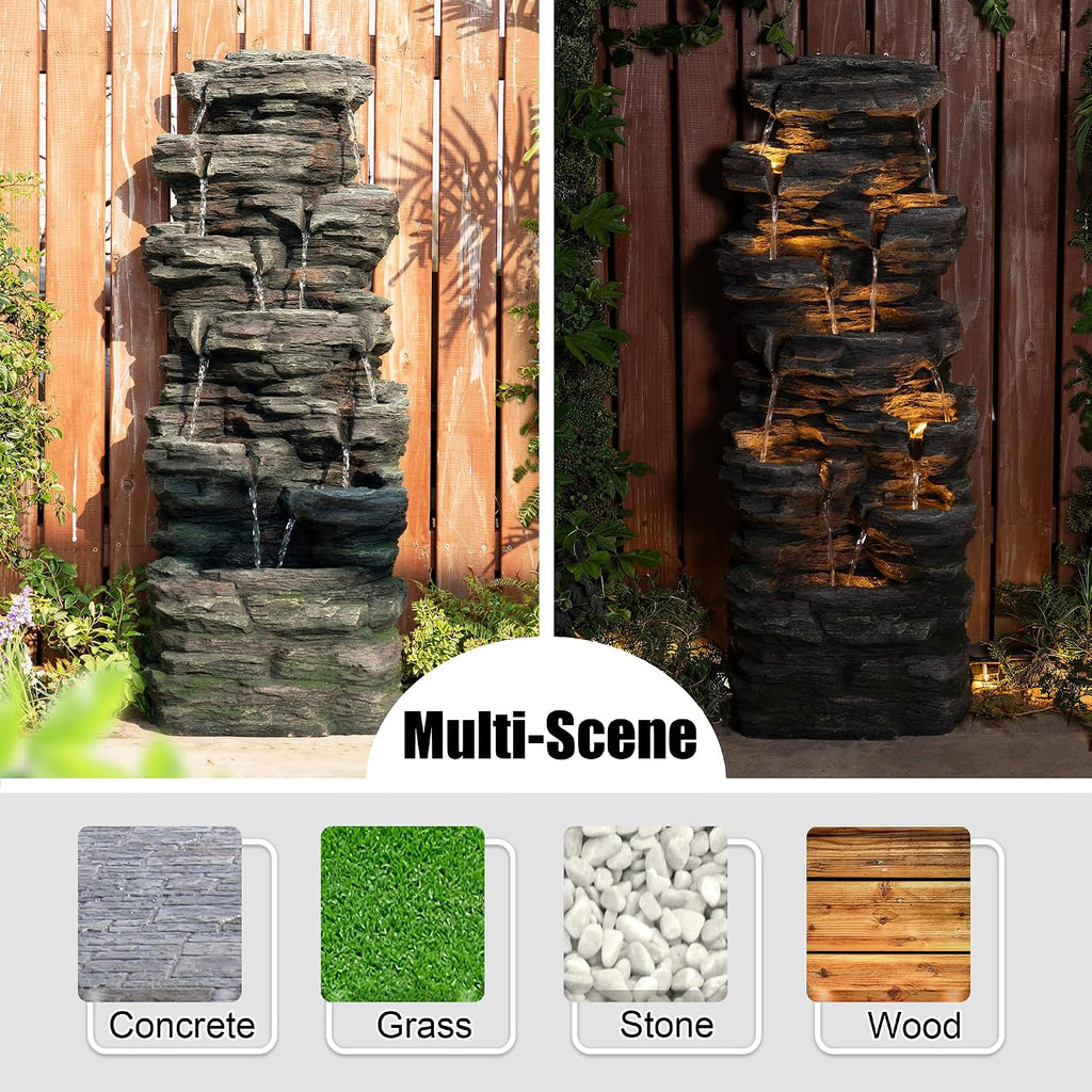 Glitzhome Outdoor Water Fountain, 9-Tiered Rock Floor Fountain with Cascading Water, 39.25' H Polyresin Waterfall Fountain with Pump and LED Light Outdoor Water Feature for Garden Yard Patio Porch