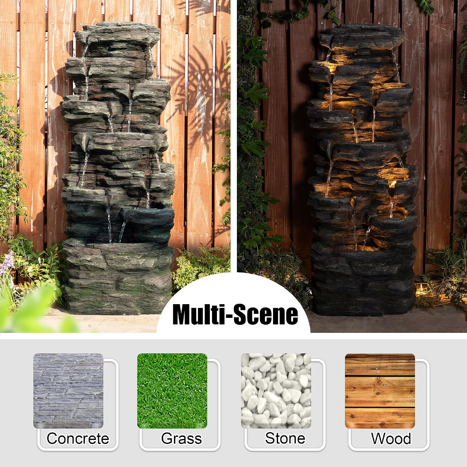 Glitzhome Outdoor Water Fountain, 9-Tiered Rock Floor Fountain with Cascading Water, 39.25' H Polyresin Waterfall Fountain with Pump and LED Light Outdoor Water Feature for Garden Yard Patio Porch