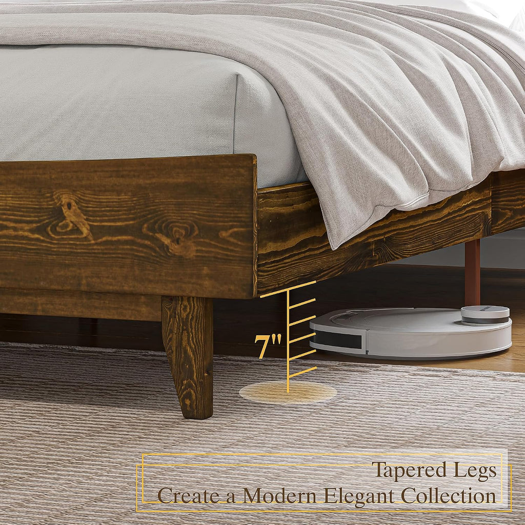 VanAcc Queen Size Solid Wood Bed Frame, Mid Century Platform Bed with Slatted Headboard, Wood Slat Support/No Box Spring Needed/Noise Free/Caramel