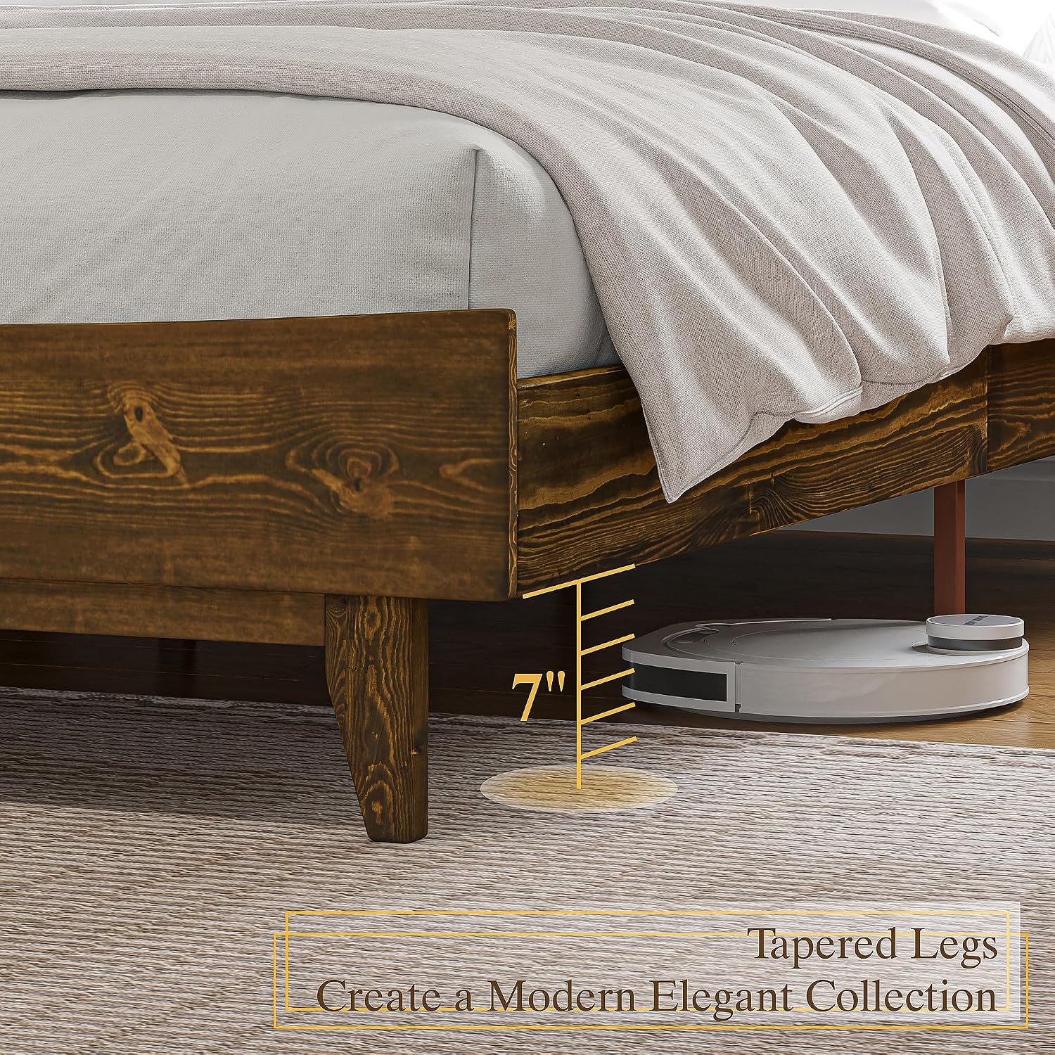 VanAcc Queen Size Solid Wood Bed Frame, Mid Century Platform Bed with Slatted Headboard, Wood Slat Support/No Box Spring Needed/Noise Free/Caramel