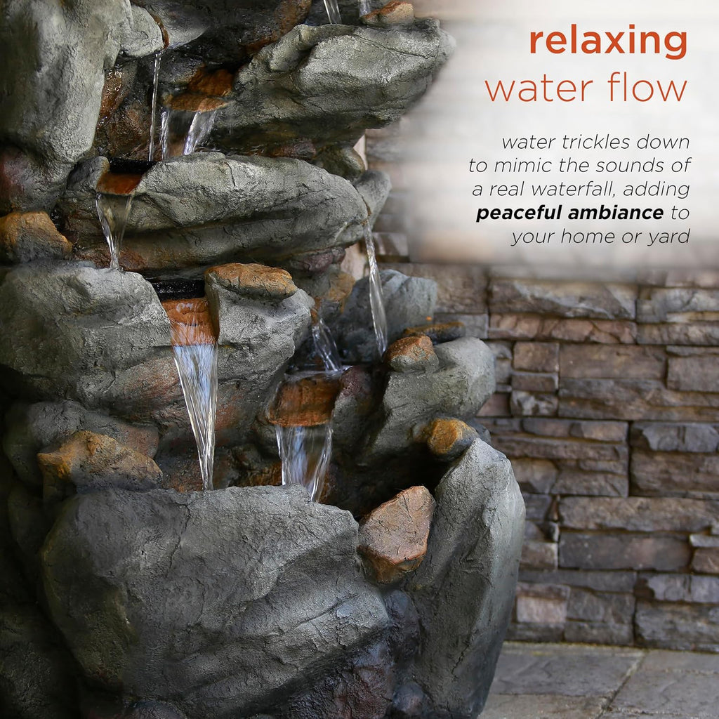 Alpine Corporation TZL130 Outdoor Floor 8-Tiered Rock Waterfall Fountain with LED Lights and Natural Stone Look, 50', Gray