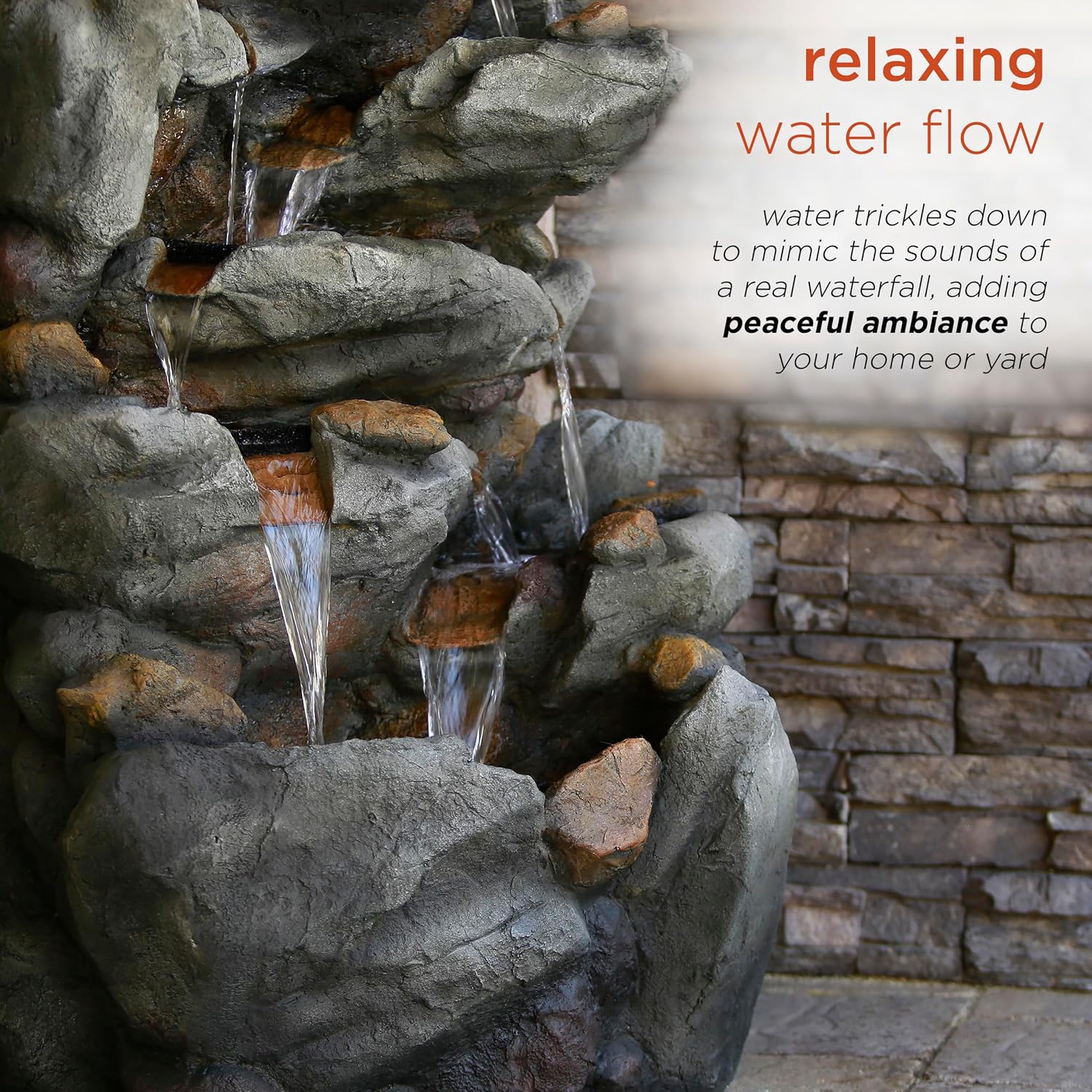 Alpine Corporation TZL130 Outdoor Floor 8-Tiered Rock Waterfall Fountain with LED Lights and Natural Stone Look, 50', Gray