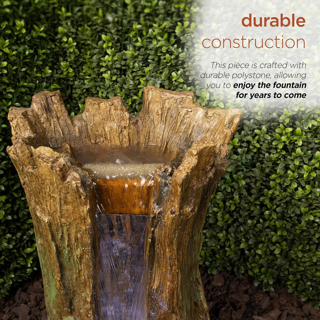 Alpine Corporation TZL294 Outdoor Tree Trunk Floor Fountain with Cool White LED Lights, Tiered Garden Decor, 22' H, Brown