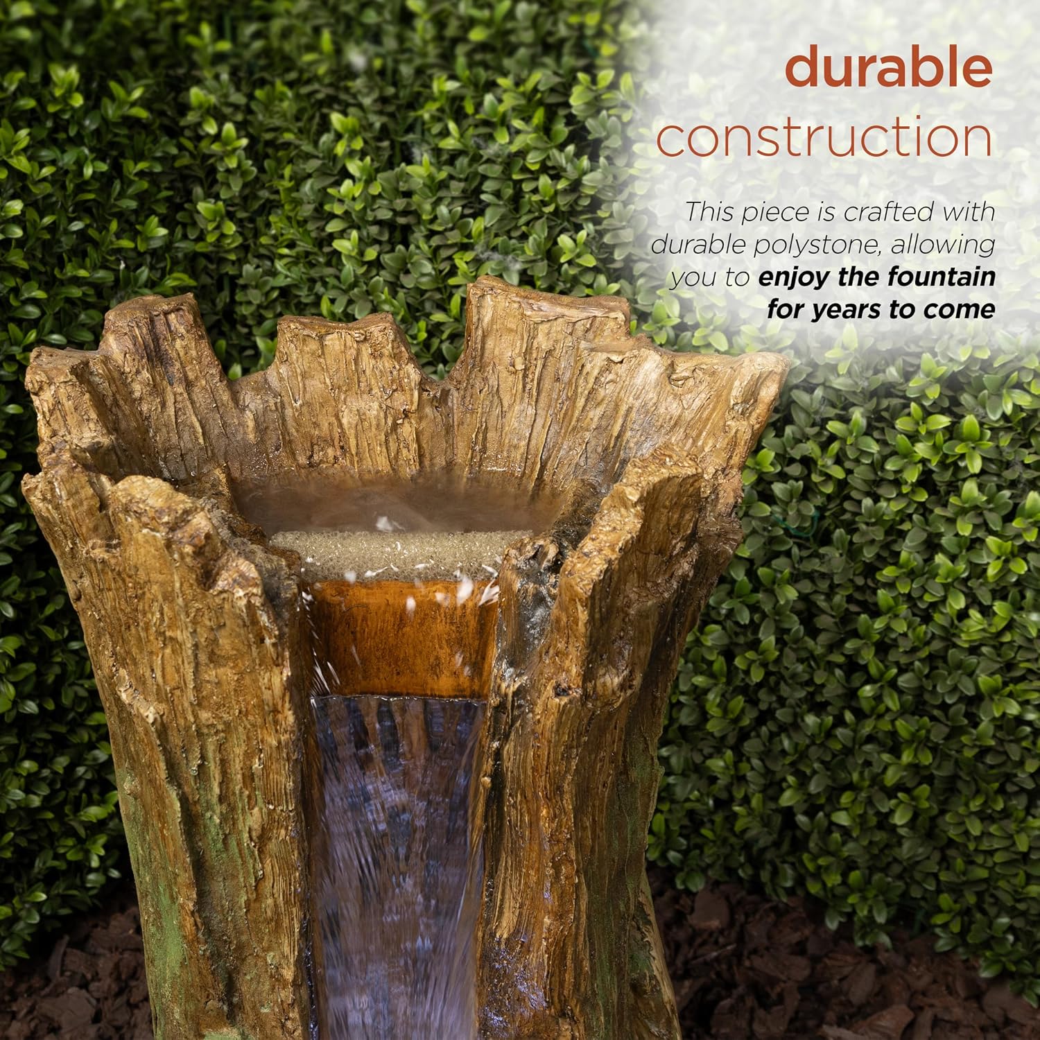 Alpine Corporation TZL294 Outdoor Tree Trunk Floor Fountain with Cool White LED Lights, Tiered Garden Decor, 22' H, Brown