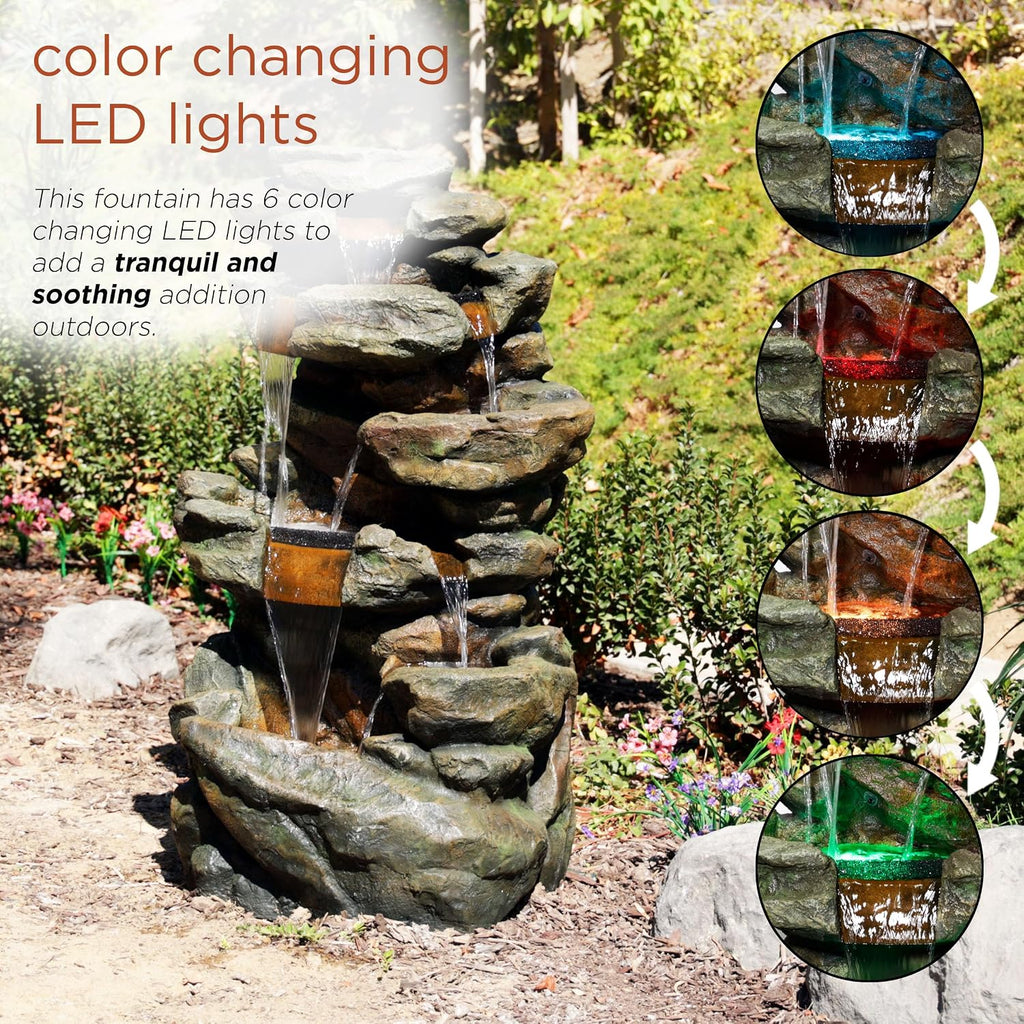 Alpine Corporation 51' Tall 6-Tier Outdoor Rainforest Waterfall Floor Fountain, Weather-Resistant Design with Color-Changing LED Lights & Remote Control, Gray