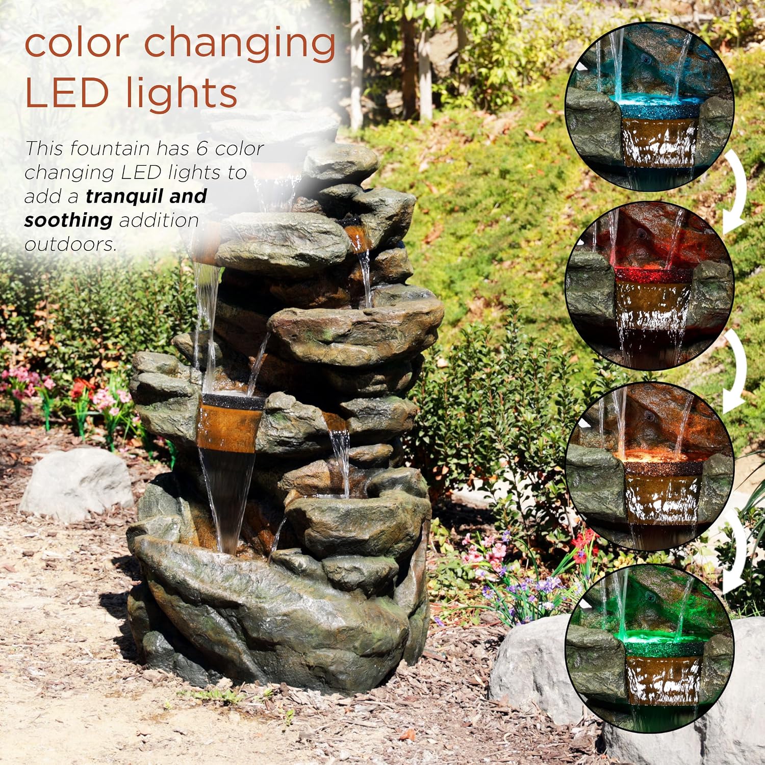 Alpine Corporation 51' Tall 6-Tier Outdoor Rainforest Waterfall Floor Fountain, Weather-Resistant Design with Color-Changing LED Lights & Remote Control, Gray