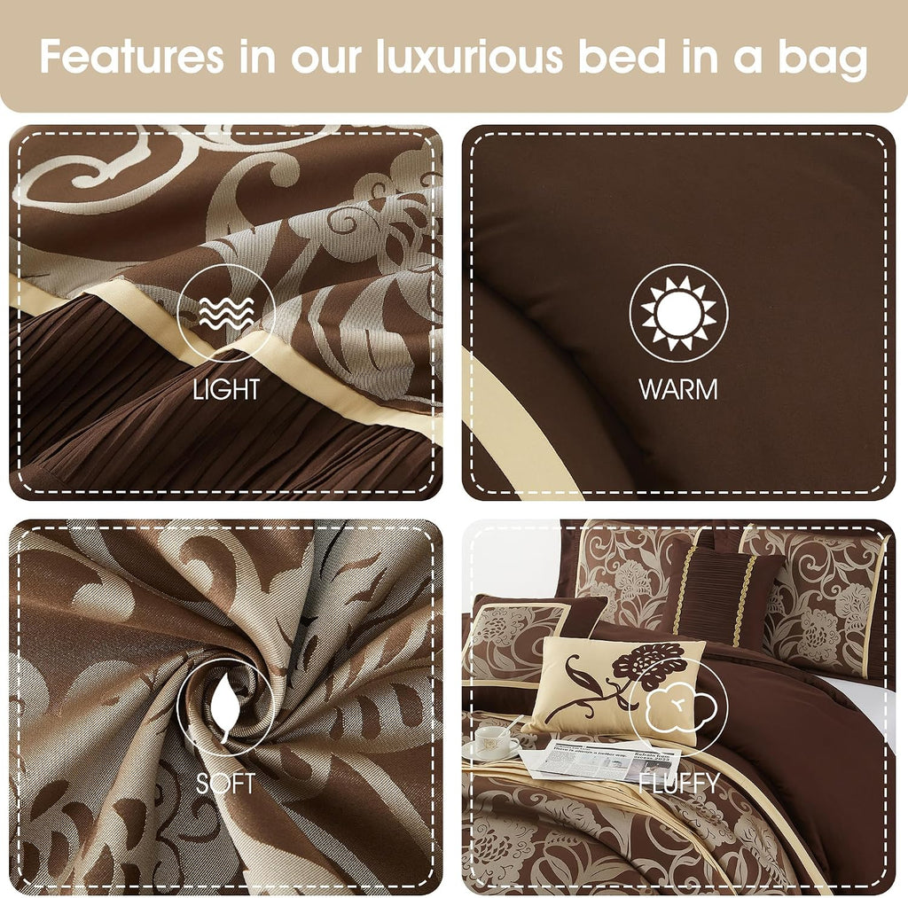 Stratford Park 7 Piece Brown Gold Comforter Set, King Size Jacquard Floral Bedding Set, All Season, Ultra-Soft, Matching Pillows & Shams, Bed Skirt