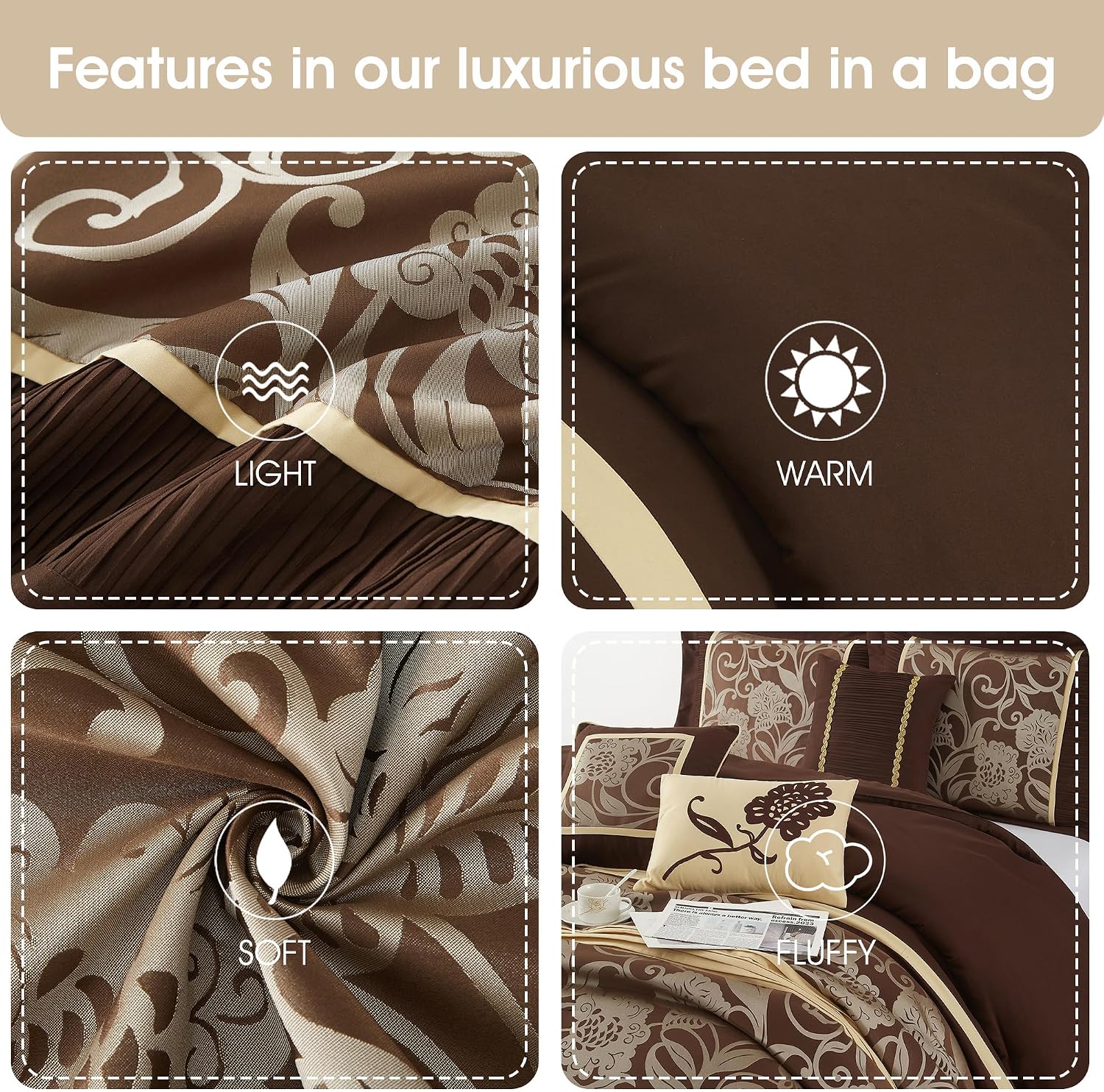 Stratford Park 7 Piece Brown Gold Comforter Set, King Size Jacquard Floral Bedding Set, All Season, Ultra-Soft, Matching Pillows & Shams, Bed Skirt