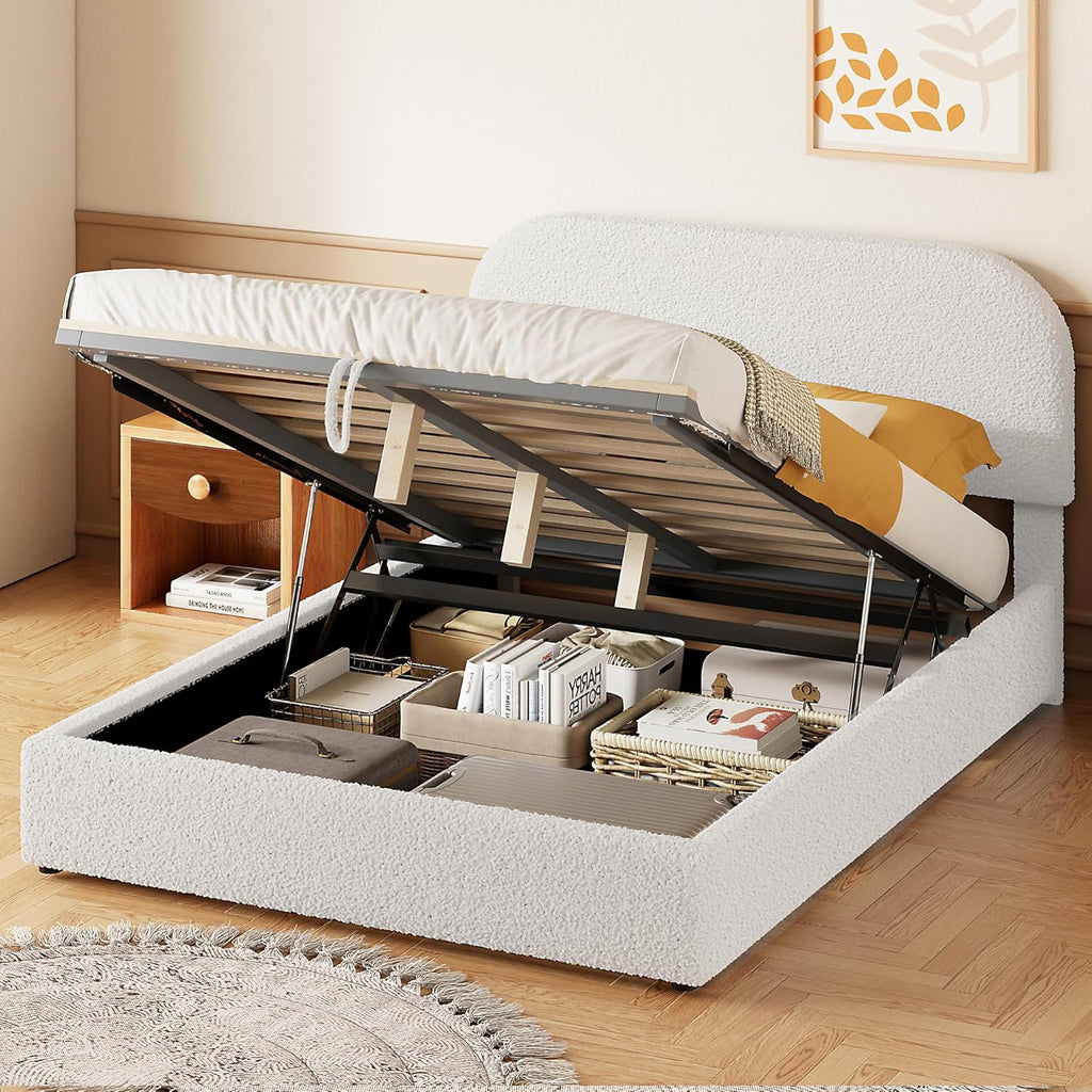 Full Size Platform Bed with Hydraulic Storage, Modern Teddy Fleece Upholstered Headboard and Wood Slats Support for Kids Teens Adults (White-131J)