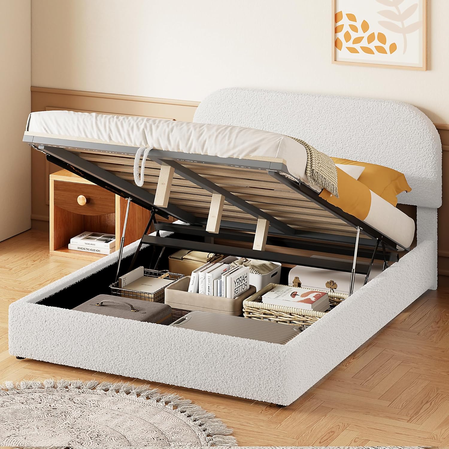 Full Size Platform Bed with Hydraulic Storage, Modern Teddy Fleece Upholstered Headboard and Wood Slats Support for Kids Teens Adults (White-131J)