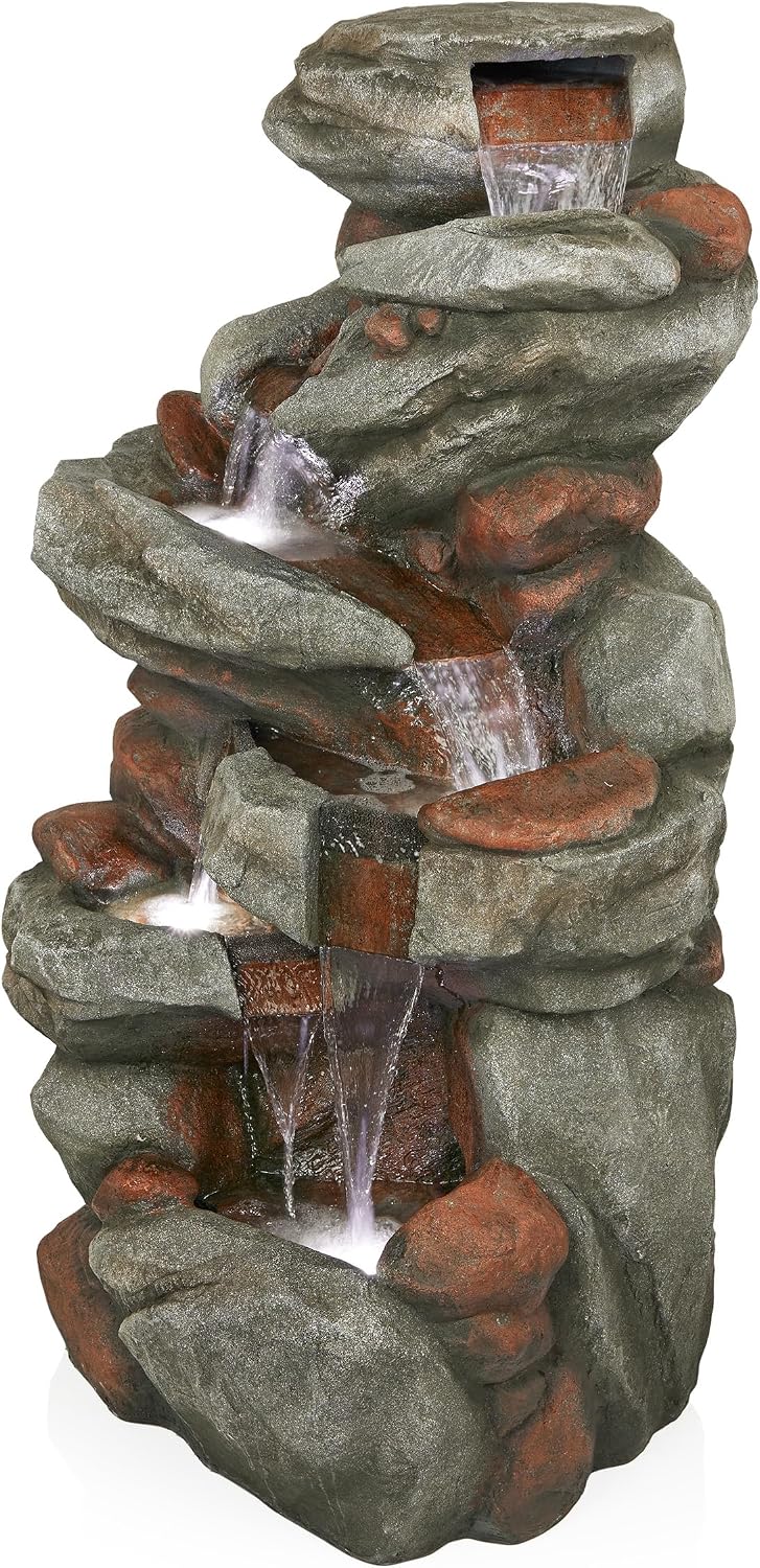 Alpine Corporation WIN1548 Outdoor Floor Cascading Stone Fountain with LED Lights, Tiered Garden Water Fountain, 53' H, Gray