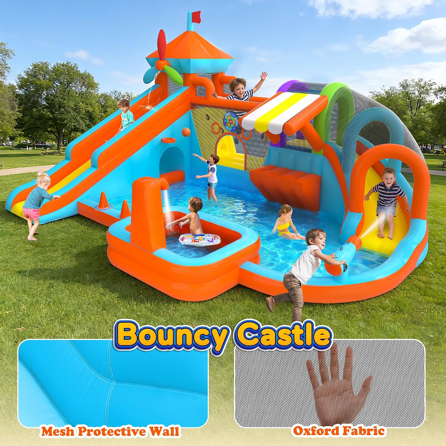 Inflatable Bounce House with Double Slide, 10 in 1 Large Bounce Castle with 750W Blower, Water Slide, Jumping, Splash Pool, Climbing Wall, Toy Stand, Water Cannon, Basketball, Tunnel, Outdoor, Orange