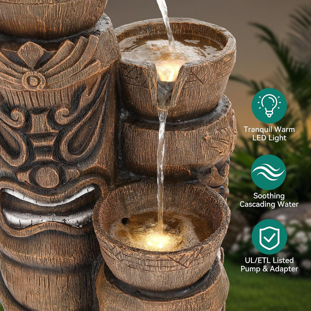 31' Outdoor Fountain, 3-Tier Tiki Head Bowl Water Feature with LED Lights, Tropical Resin Soothing Cascading Waterfall for Patio, Backyard, Garden or Porch