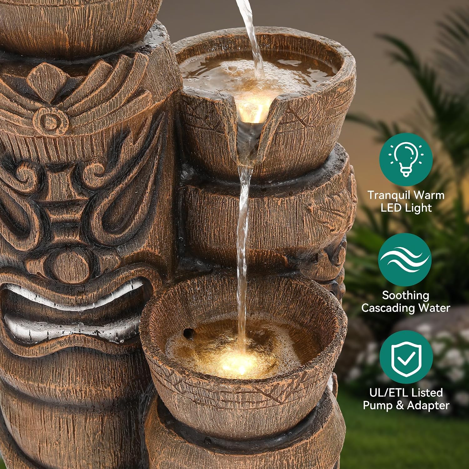 31' Outdoor Fountain, 3-Tier Tiki Head Bowl Water Feature with LED Lights, Tropical Resin Soothing Cascading Waterfall for Patio, Backyard, Garden or Porch