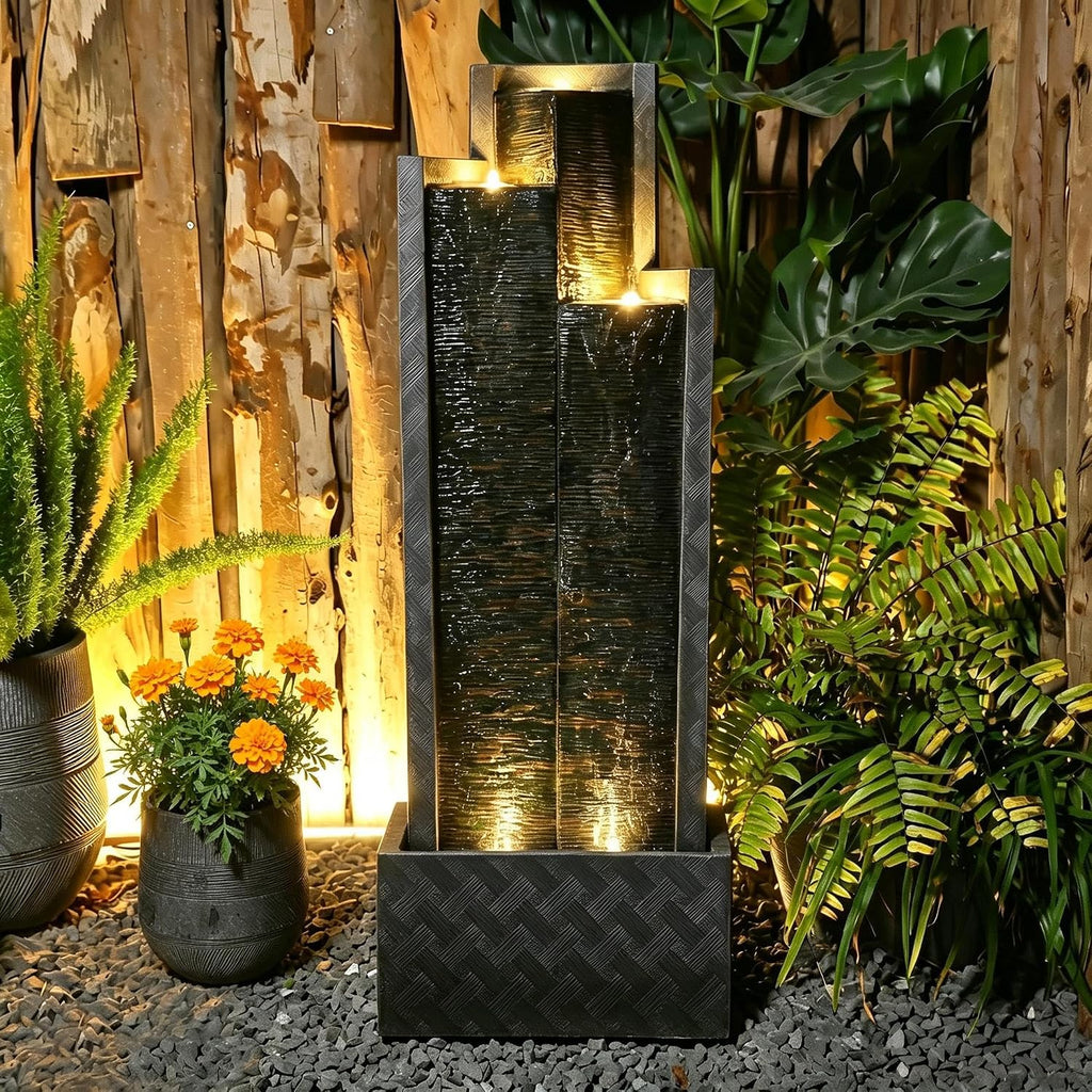 Sunlinua 49.6H Modern Outdoor Water Fountain with LED Light Garden Cascading Waterfall Feature for Indoor or Outdoor Cascading Waterfall for Relaxing Garden Patio Backyard Porch or Home Décor