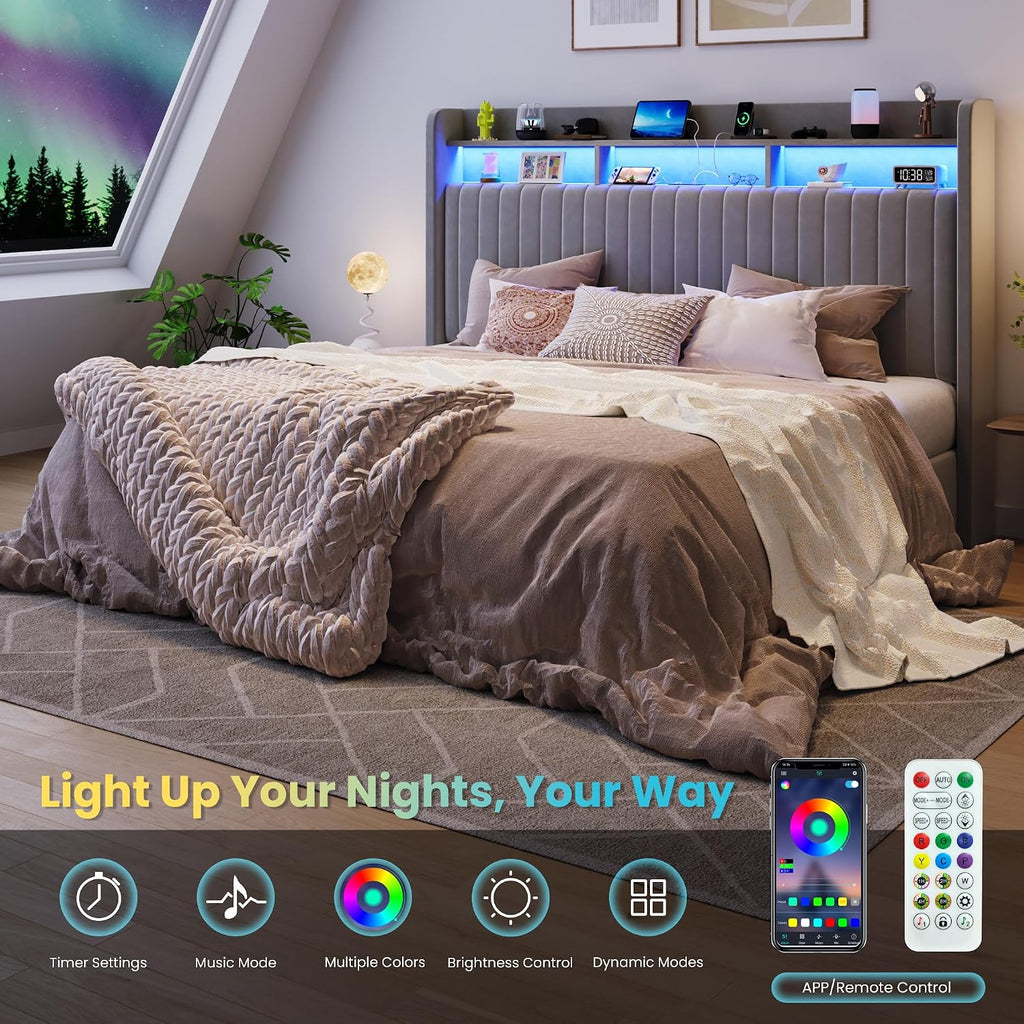 SHA CERLIN King Size Lift Up Storage Bed Frame/LED Lights/Charging Station/2-Tier Shelves Headboard/USB,Type-C Ports/Velvet Upholstered/Hydraulic Support/No Box Spring Needed/Noise Free/Gray