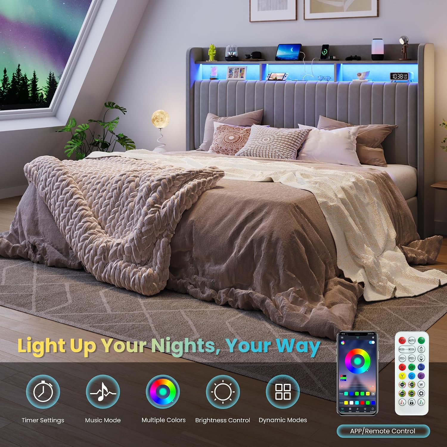 SHA CERLIN King Size Lift Up Storage Bed Frame/LED Lights/Charging Station/2-Tier Shelves Headboard/USB,Type-C Ports/Velvet Upholstered/Hydraulic Support/No Box Spring Needed/Noise Free/Gray