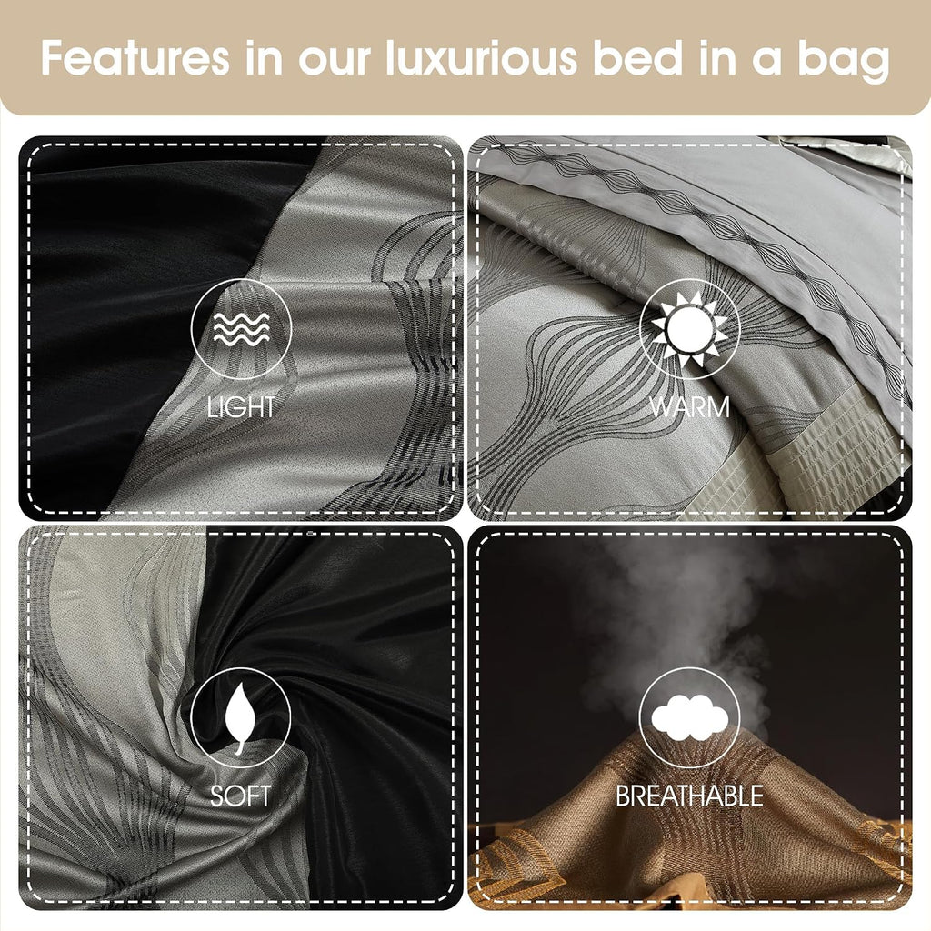 Stratford Park Black and Silver Comforter Set King Size, Elegant 7 Pieces Striped All Season Bedding Set