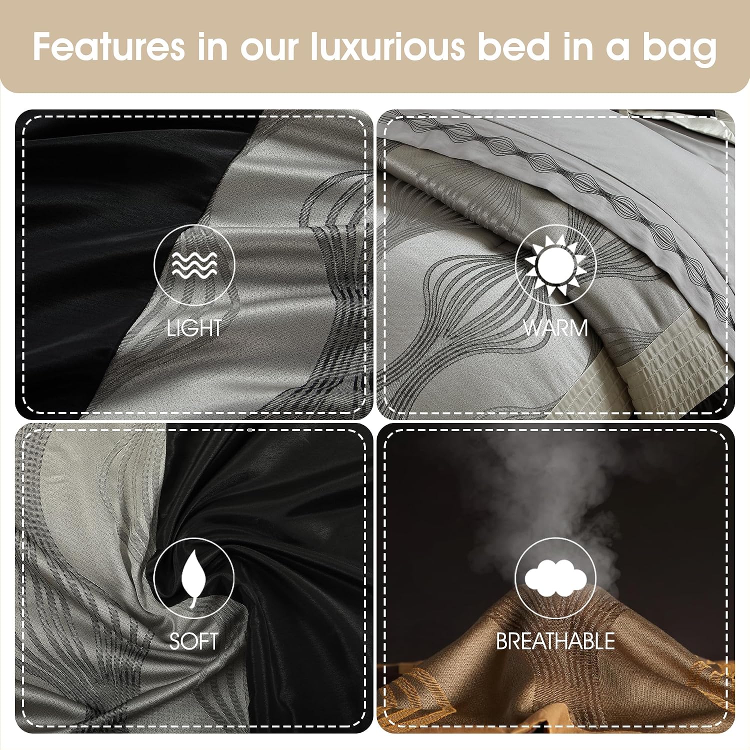 Stratford Park Black and Silver Comforter Set King Size, Elegant 7 Pieces Striped All Season Bedding Set