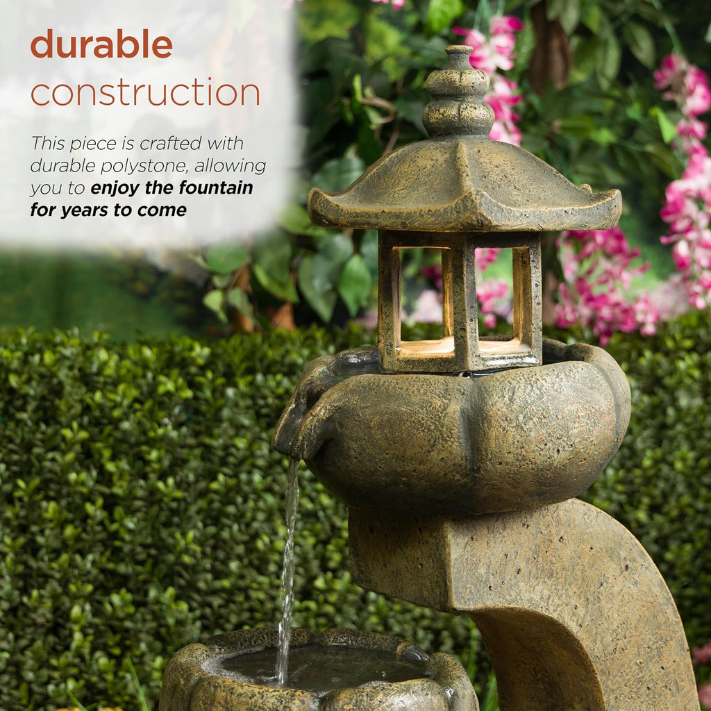 Alpine Corporation 32' Tall 2-Layer Pagoda Polystone Fountain with LED Lights, Cascading Waterfall, Outdoor Garden and Patio Water Feature, Zen Decor, Relaxing Sound, Brown
