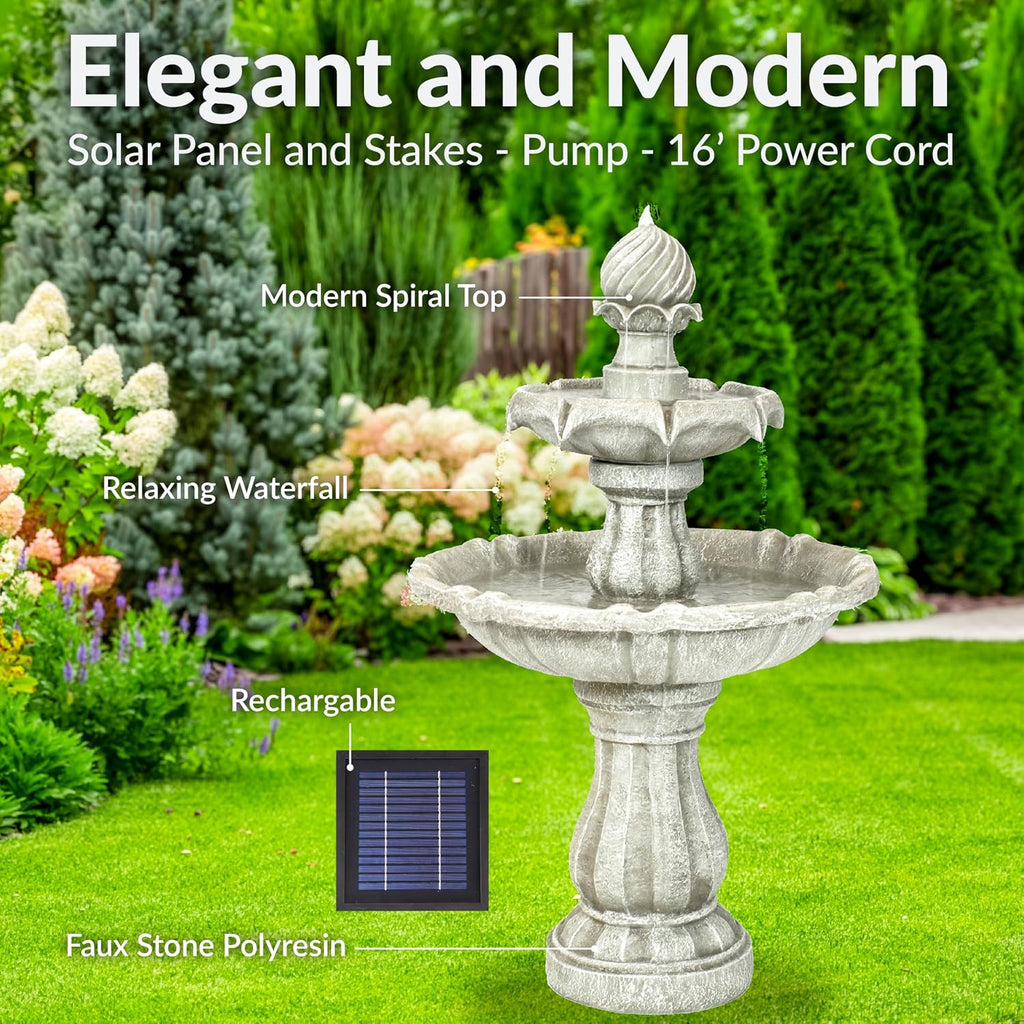 Sunnydaze 35' Solar 2-Tier Outdoor Water Fountain - Garden Water Feature with Battery Backup and Pump - White