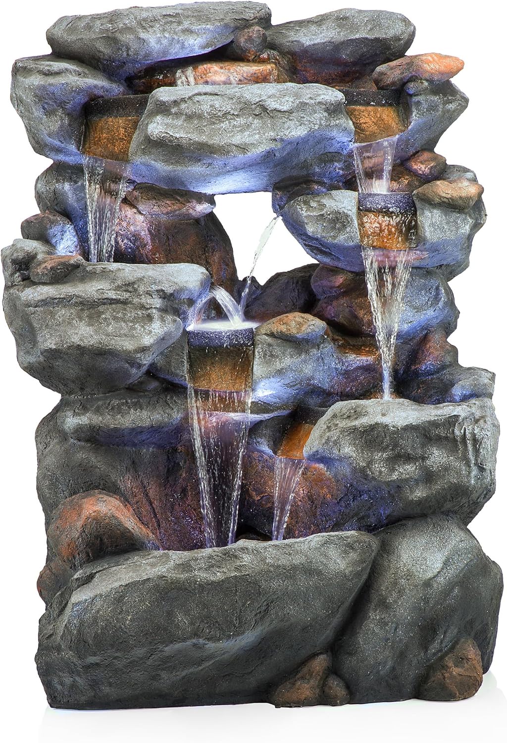 Alpine Corporation WIN1068 Outdoor Floor Rock Water Fountain with LED Lights, 5-Tier Rock Waterfall Fountain 54', Dark Brown