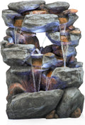 Alpine Corporation WIN1068 Outdoor Floor Rock Water Fountain with LED Lights, 5-Tier Rock Waterfall Fountain 54', Dark Brown