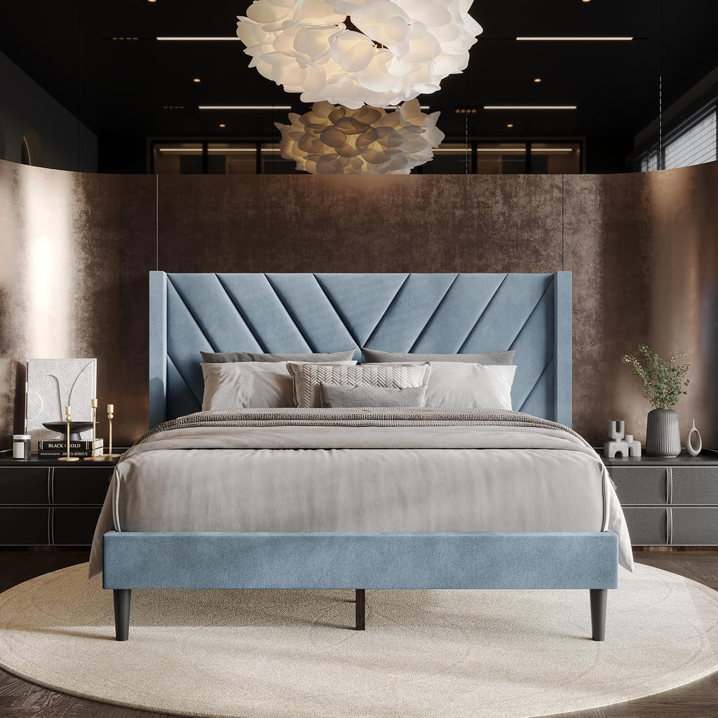 Queen Platform Bed Frame with Chevron-Stitched Wingback Headboard, Velvet Upholstery, No Box Spring Needed, Easy Assembly, Light Blue
