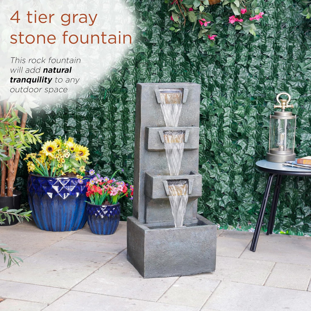 Alpine Corporation TZL406 33' 3 Tier Basin Cascading Fountain with LED Lights, Outdoor Water Feature for Garden, Patio, Backyard & Home Decor, Elegant Waterfall Design, Gray