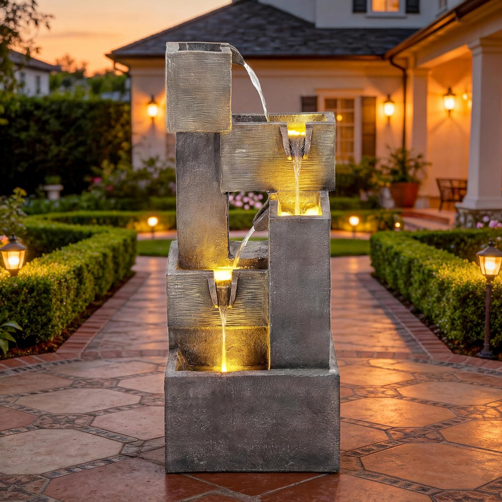 32.5' Modern Outdoor Water Fountain with LED Lights, 5-Tier Stacked Blocks Garden Fountain Cascading Waterfall Feature for Relaxing Garden, Patio, Backyard, Deck, Porch or Home Décor