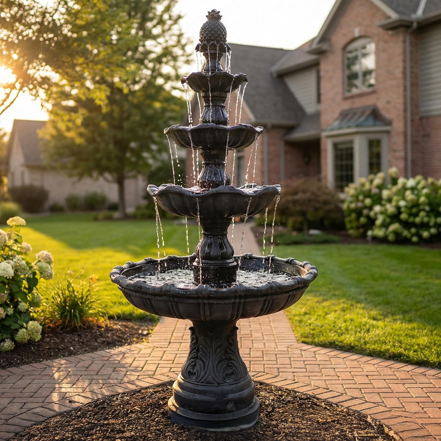 Sunnydaze Grand Courtyard 4-Tier Large Outdoor Water Fountain - 80' Tall Outdoor Fountain - Tiered Electric Garden Water Feature for Patio, Backyard, or Yard - Faux Stone Resin - Black
