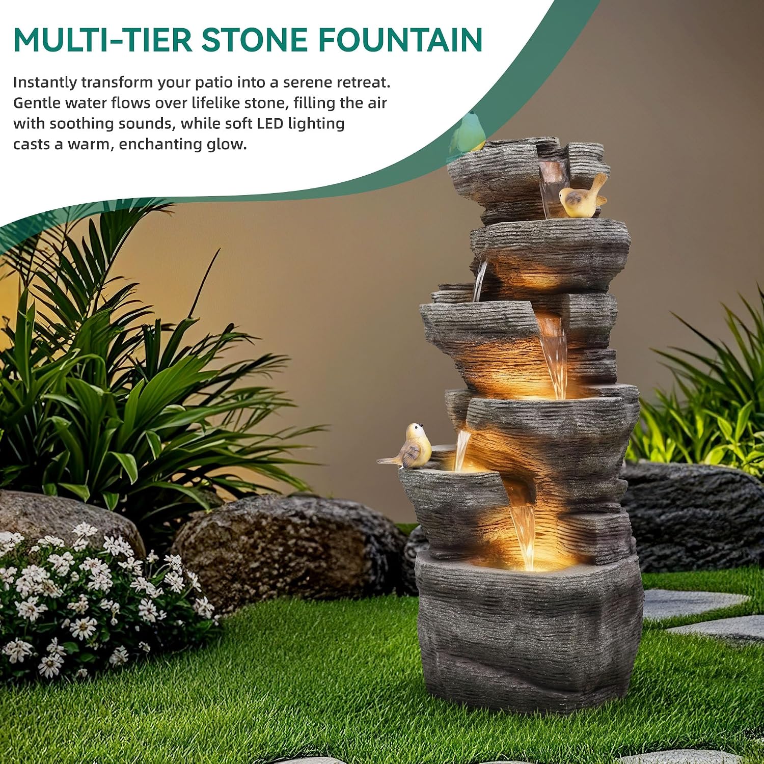 40' H Extra-Large Rock Outdoor Water Fountain with LED Lights, 6-Tier Cascading Stone Waterfall with Birds for Garden Patio Porch, Weather-Resistant Polyresin Water Feature for Tranquil Oasis
