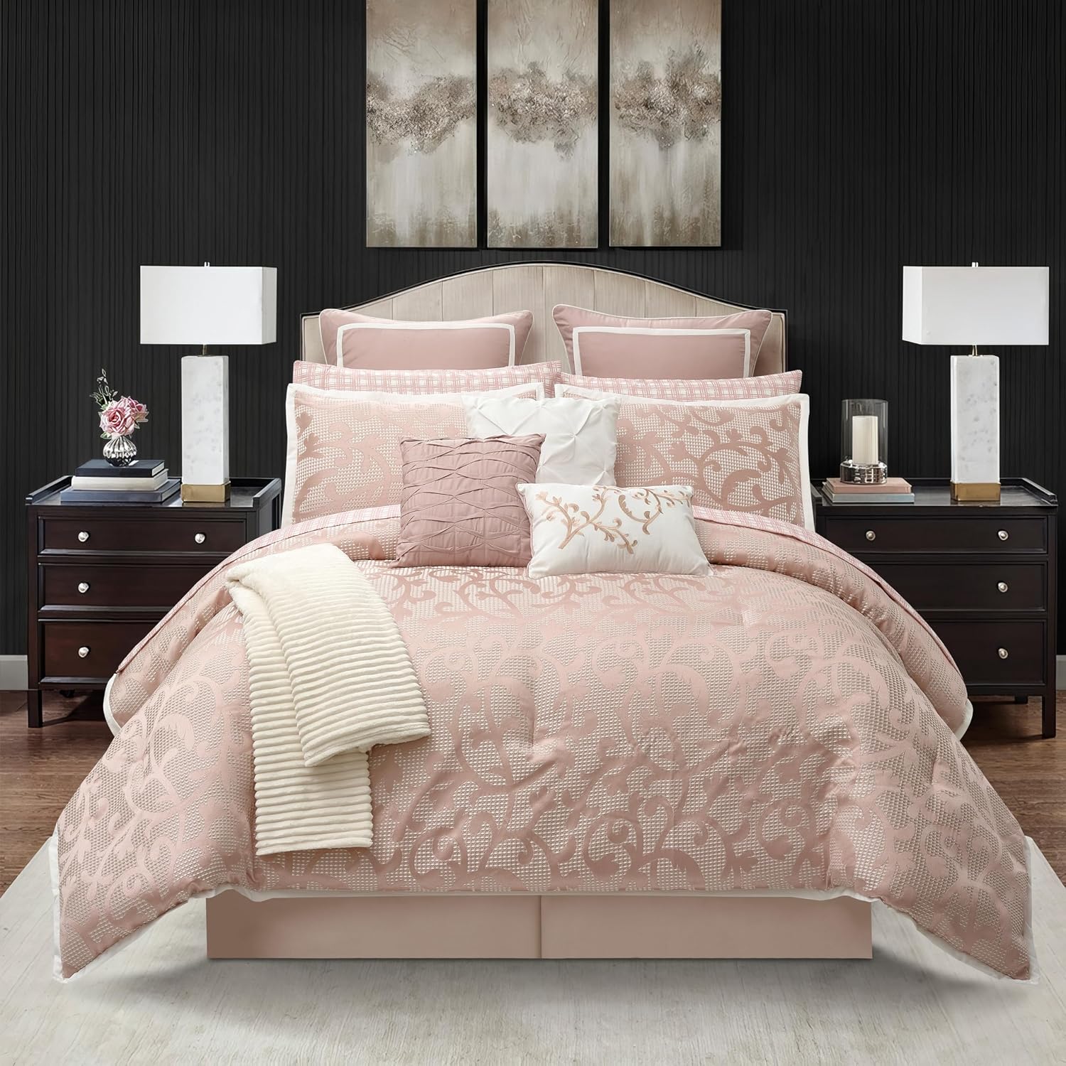 Stratford Park Blush Paisley Comforter Set California King Size, 14 Piece, Jacquard Bedding Sets & Collections,1 Flat Sheet,1 Fitted Sheet, Pillow Shams Bedskirt