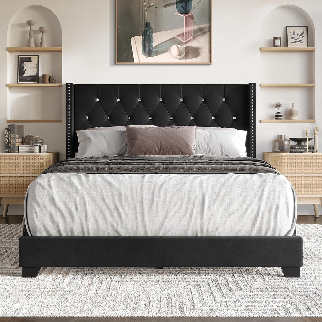 Queen Button Tufted Wingback Velvet Upholstered Bed, Black