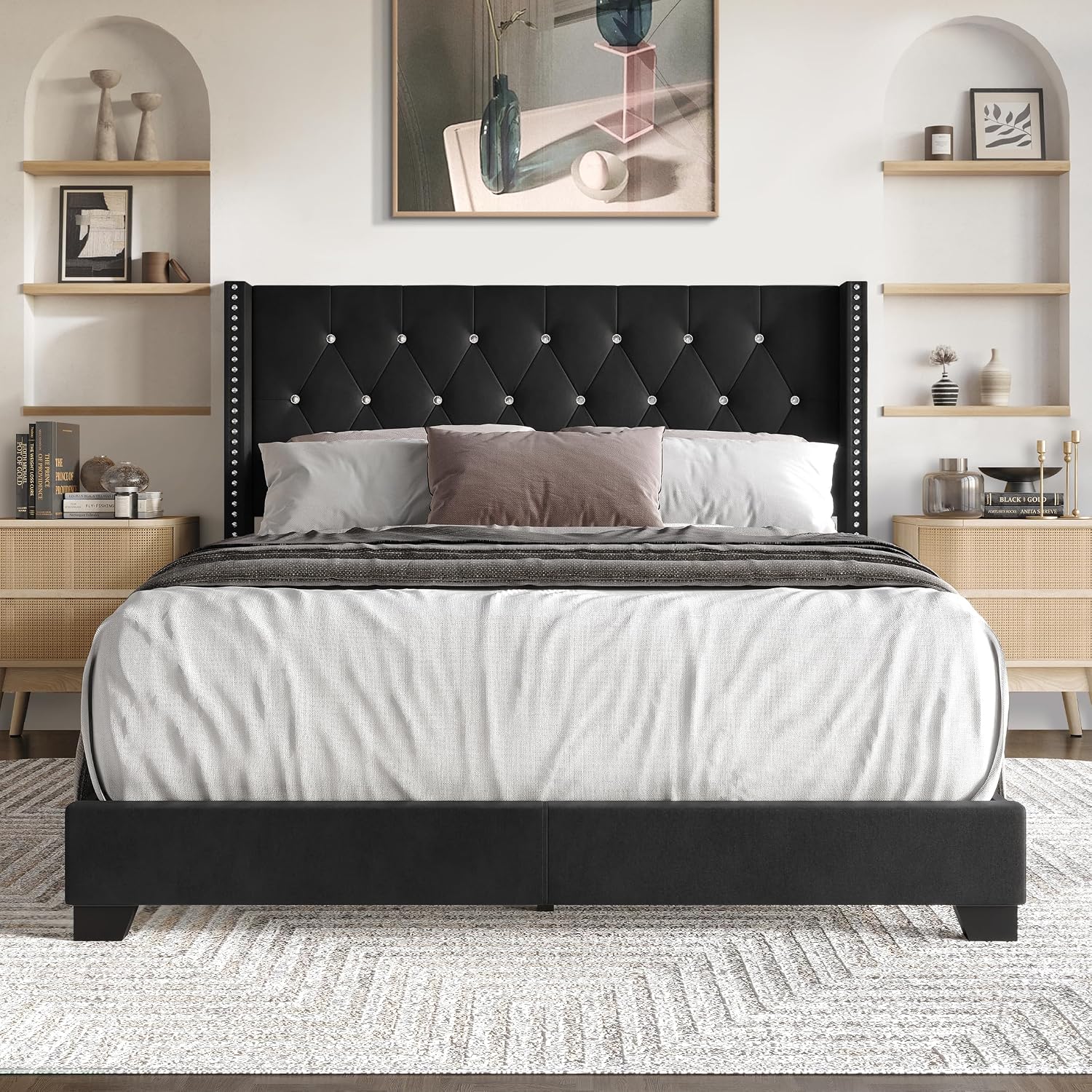 Queen Button Tufted Wingback Velvet Upholstered Bed, Black