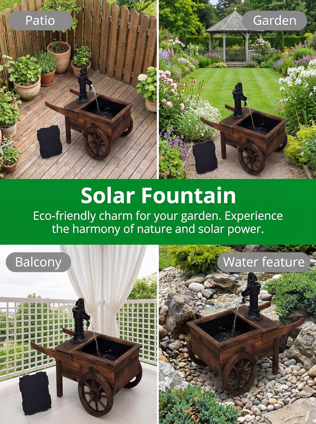 Carbonized Wood Outdoor Freestanding Fountain - Movable Vintage Hand Pump Cart, Solar-Powered Electric Decorative Water Feature for Patio, Garden & Indoor Decoration