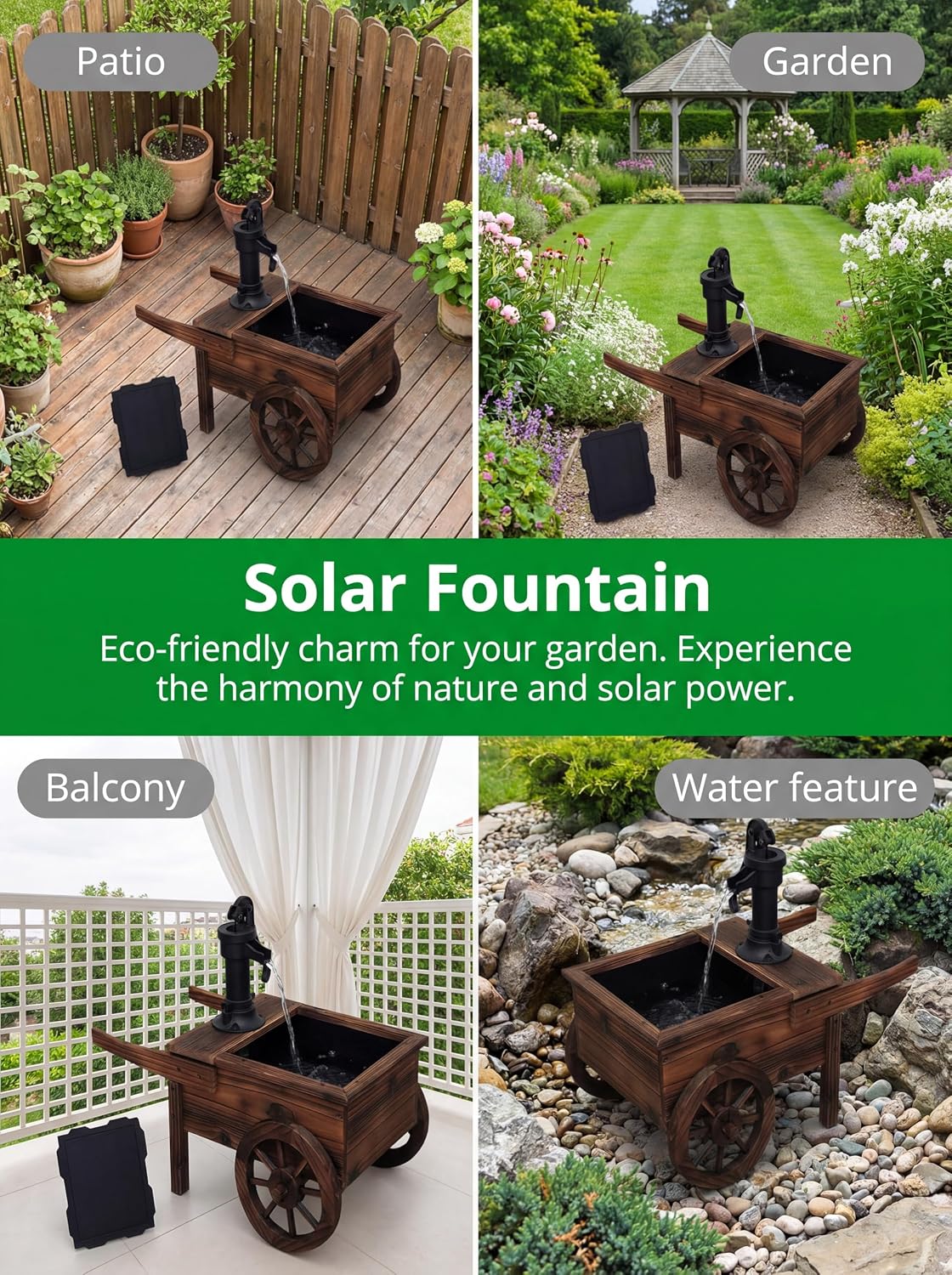 Carbonized Wood Outdoor Freestanding Fountain - Movable Vintage Hand Pump Cart, Solar-Powered Electric Decorative Water Feature for Patio, Garden & Indoor Decoration