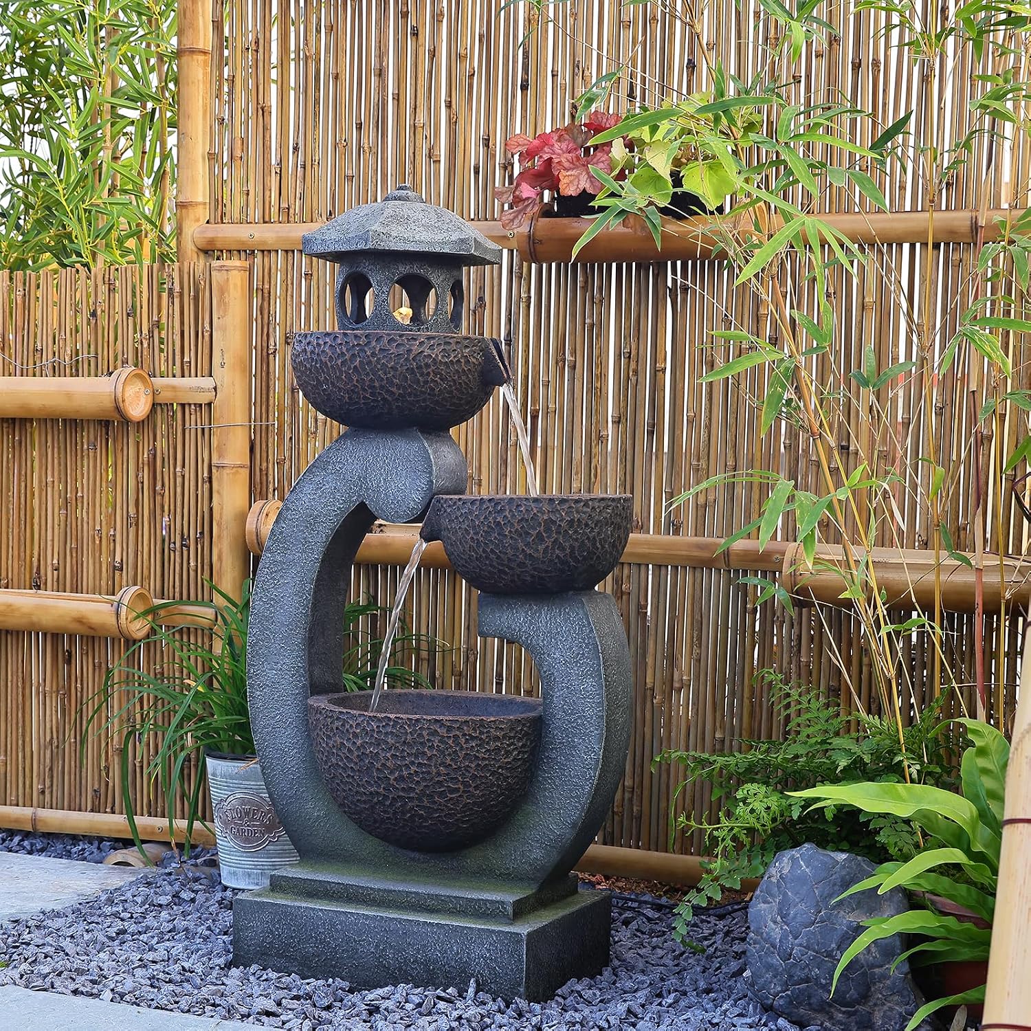 Tankana Water Fountain Outdoor Zen Feature - Garden Tranquil Pagoda Waterfalls Fountains Bowl with LED Lights & Pump for Patio Yard Porch Pool, Gray, 35.5 inches