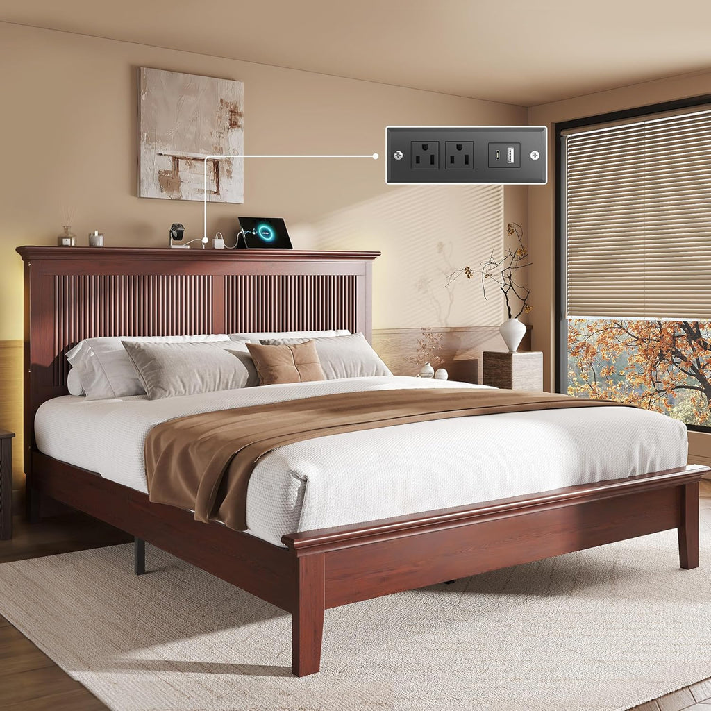 Lifezone Queen Bed Frame with Headboard, Solid Wood Bed Frame Queen Size with Charging Station & RGB LED, Wood Slats Support, Noise-Free, Sturdy Structure, Easy Assembly, Mahogany