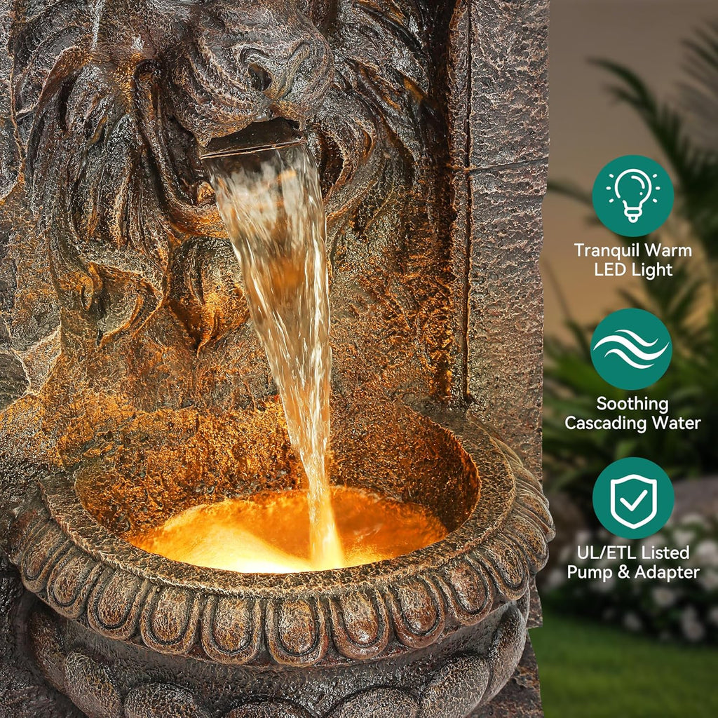 30' Lion Head Outdoor Water Fountain, Handcrafted Antique Stone Sculpture Garden Fountain, Warm LED-Lit Cascading Waterfall, Relaxing Fountains for Outside Garden Patio Yard Deck Floor Decor