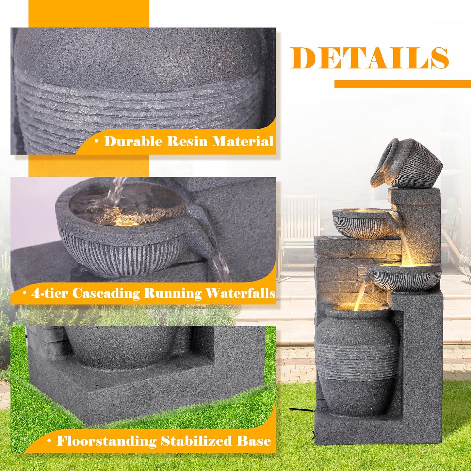 32' Outdoor/Indoor Garden Water Fountains, 4 Tiers Cascading Resin Fountains and Waterfalls with LEDs & Bowls, Modern Floor-Standing Patio Fountain for Porch, Deck, Yard (Grey)