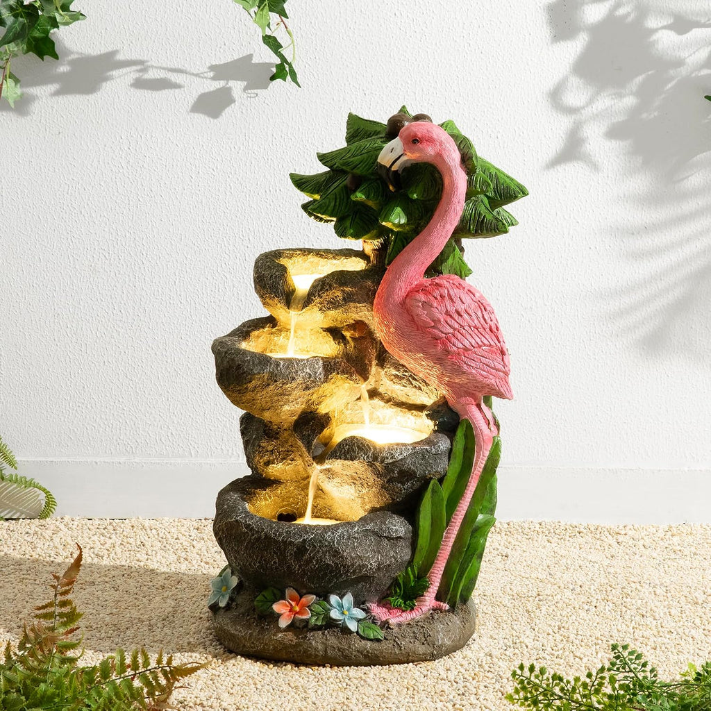 Glitzhome Outdoor Water Fountain, 4-Tiered Flamingo Outdoor Fountain with Lights, 23.5' H Polyresin Decorative Waterfall Feature Garden Fountain with Pump for Garden, Patio, Yard, Deck, Porch Decor