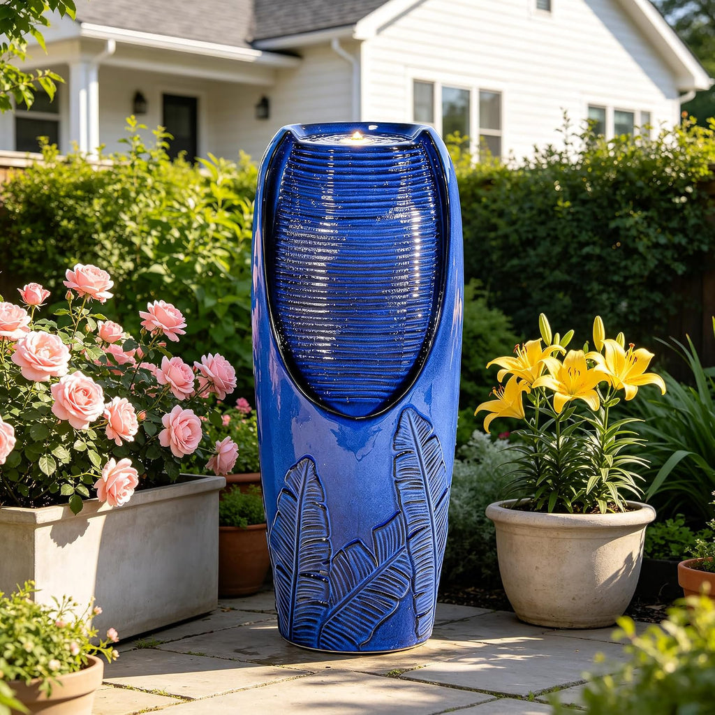 33' H Outdoor Garden Fountain with LED Lights, Modern Ceramic Jar Water Fountain, 3D Tropical Leaf Pattern, Cobalt Blue Glaze, Soothing Cascading Waterfall for Relaxing Patio, Yard, Porch