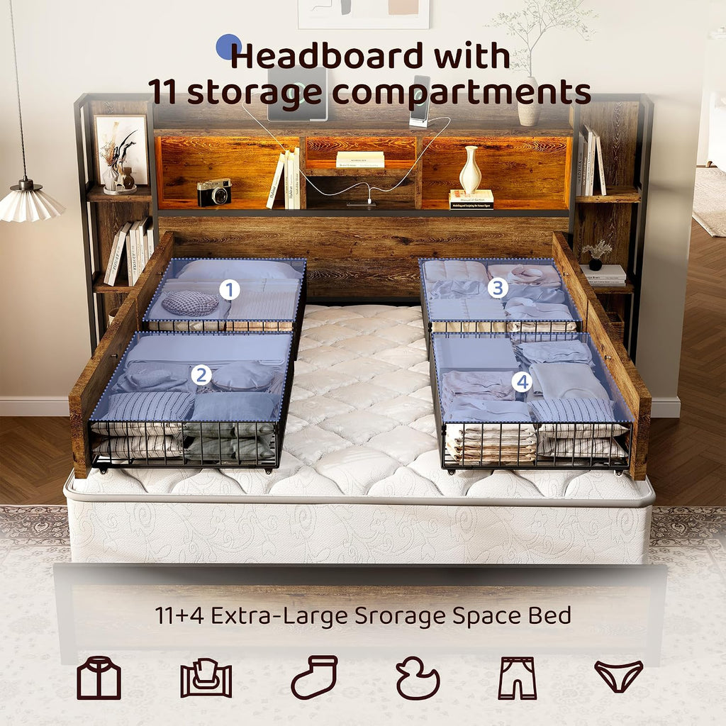 BRELTAM King Size Bed Frame with 4 Storage Drawers and Headboard Featuring Shelf Storage, Wooden Platform Bed Frame with LED Lights and Charging Station, Easy Assembly/No Box Spring Needed/Brown