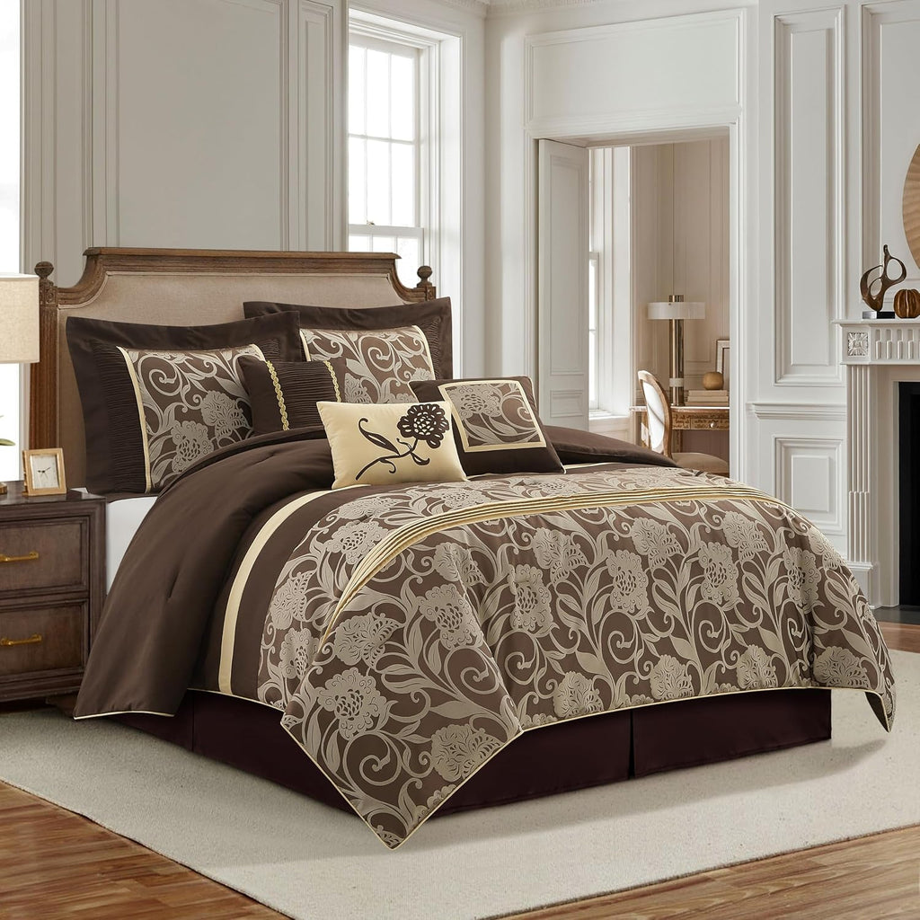 Stratford Park 7 Piece Brown Gold Comforter Set, King Size Jacquard Floral Bedding Set, All Season, Ultra-Soft, Matching Pillows & Shams, Bed Skirt